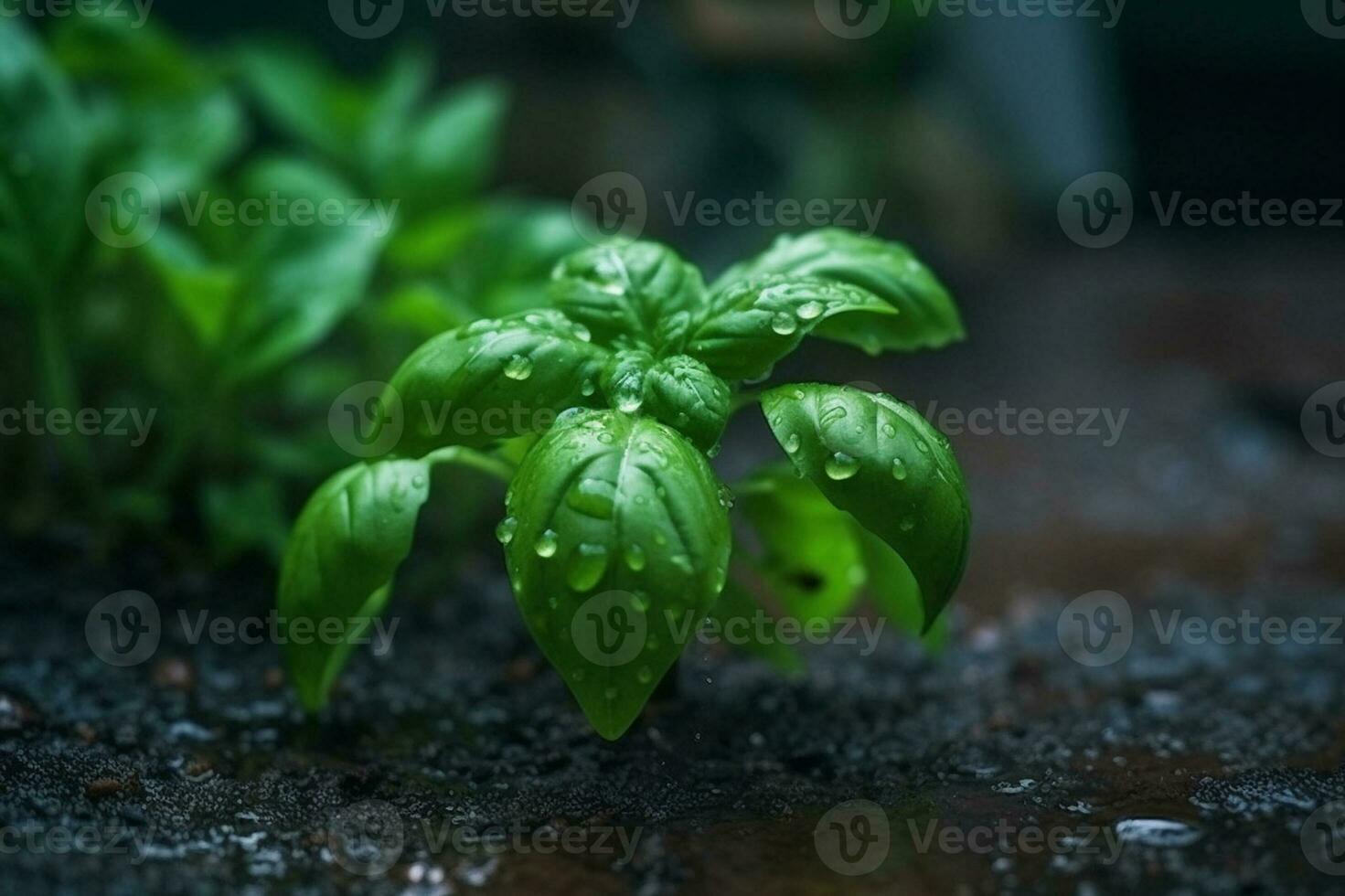 fresco dolce basilico le foglie con gocce di acqua. basilico pianta con verde le foglie su buio sfondo. fresco erbe aromatiche per cucinando, Usato nel cucine In tutto il mondo. ocimum basilico. Salute mangiare foto