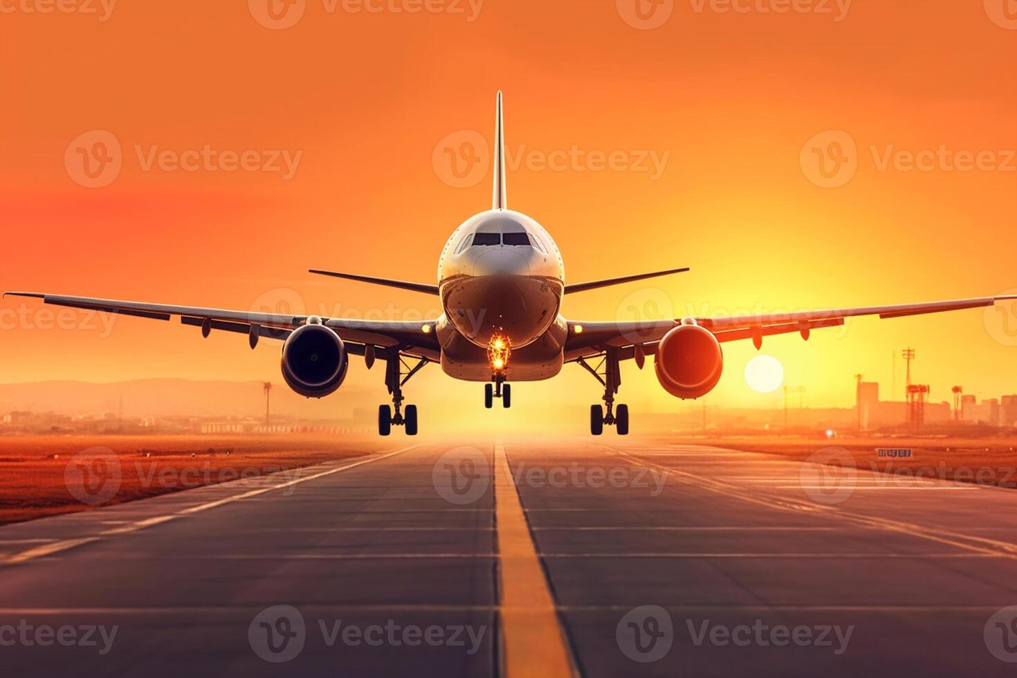 atterraggio un' aereo contro un' d'oro cielo a tramonto. passeggeri aereo volante su nel tramonto luce. il concetto di veloce viaggiare, ricreazione e attività commerciale. generativo ai foto