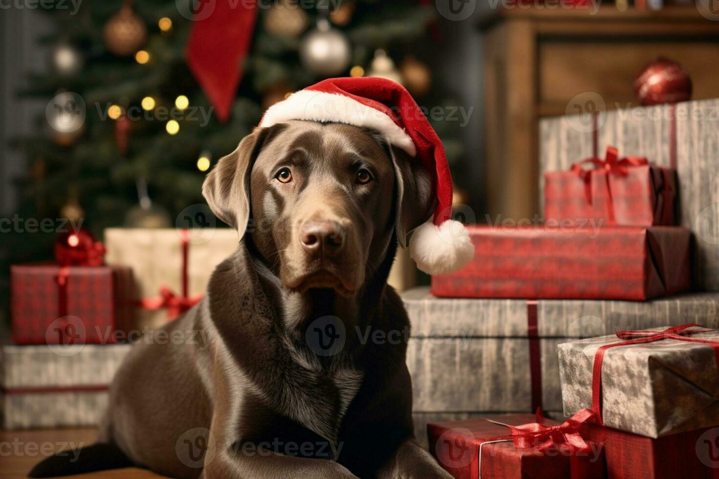 allegro Marrone labrador ubicazione contro Natale sfondo. il cane e molti Natale regalo scatole. generativo ai foto