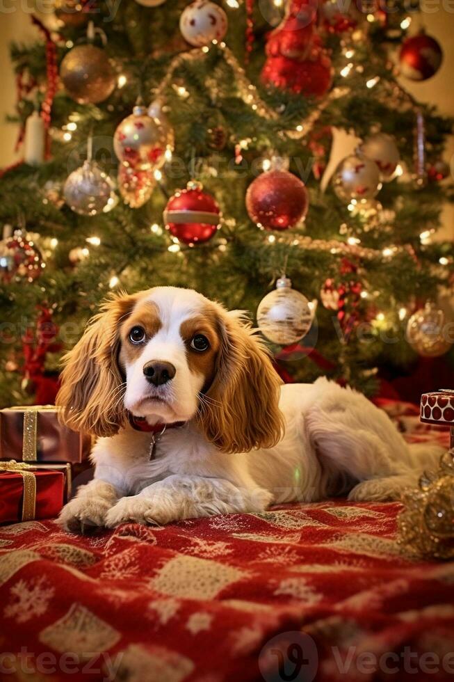 cane vicino Natale albero a casa. allegro dogposing contro Natale sfondo. generativo ai. foto