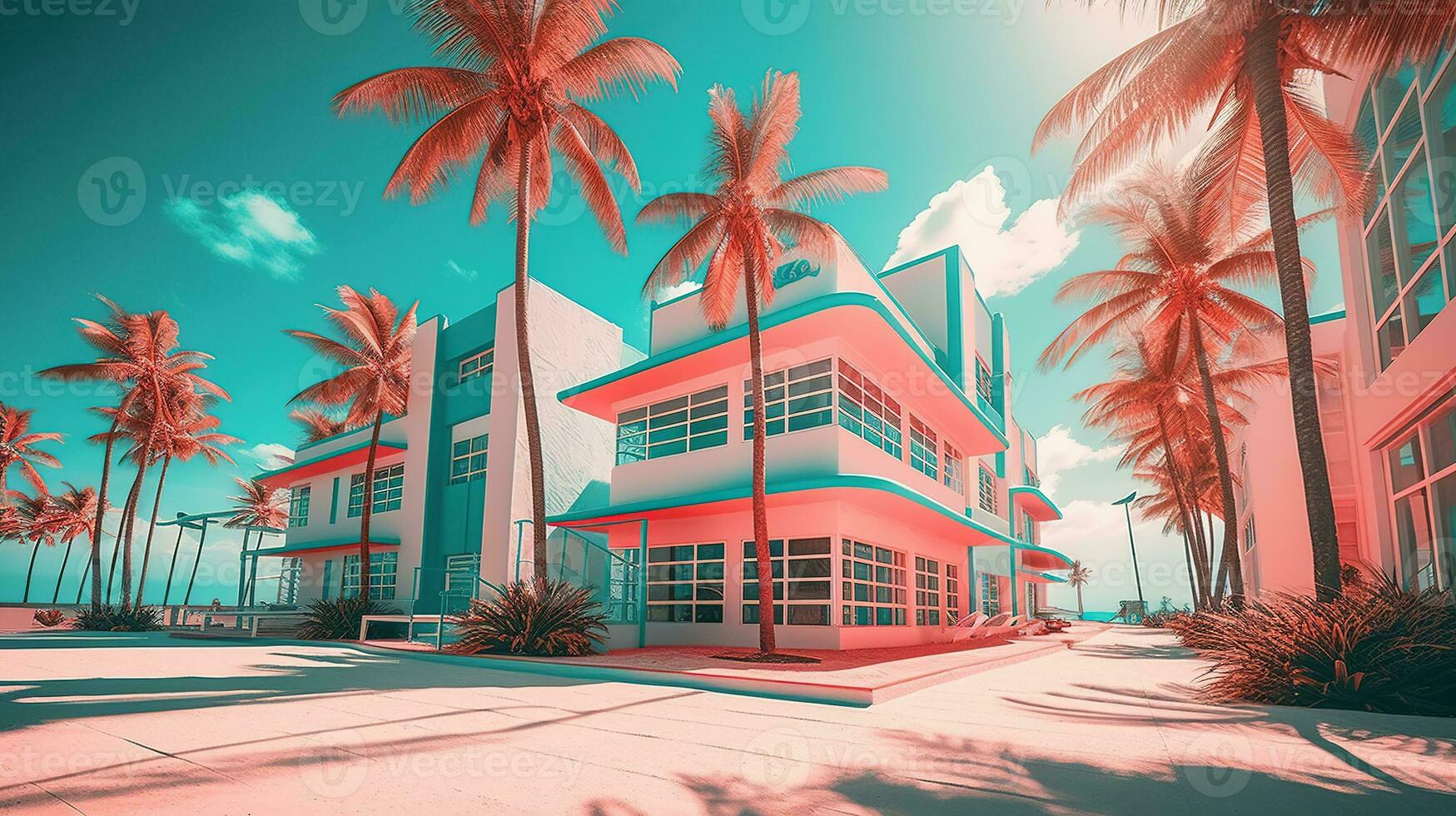 generativo ai, miami estate vibrazioni retrò illustrazione. Vintage ▾ rosa e blu colori, edifici, California palme, anni 80 stile foto