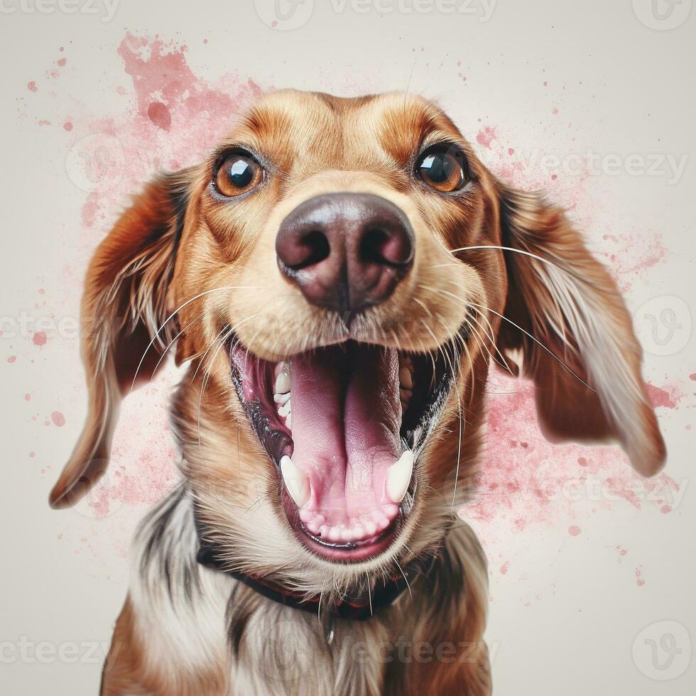 generativo ai, ritratto di un' contento cane guardare a il telecamera con  bocca Aperto su rosa sfondo 26764558 Stock Photo su Vecteezy