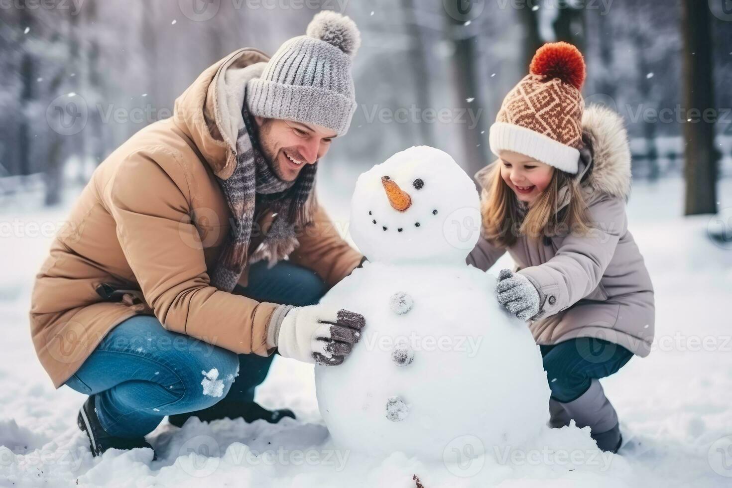 famiglia edificio un' pupazzo di neve nel il inverno parco sfondo foto
