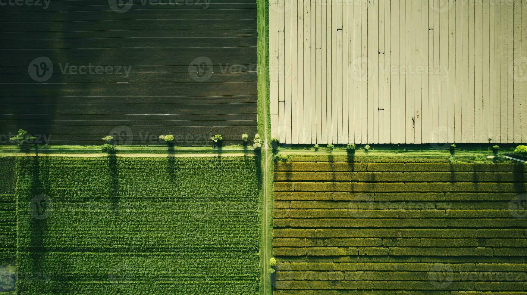 generativo ai, azienda agricola paesaggio, agricolo campi, bellissimo campagna, nazione strada. natura illustrazione, fotorealistico superiore Visualizza drone, orizzontale striscione. foto