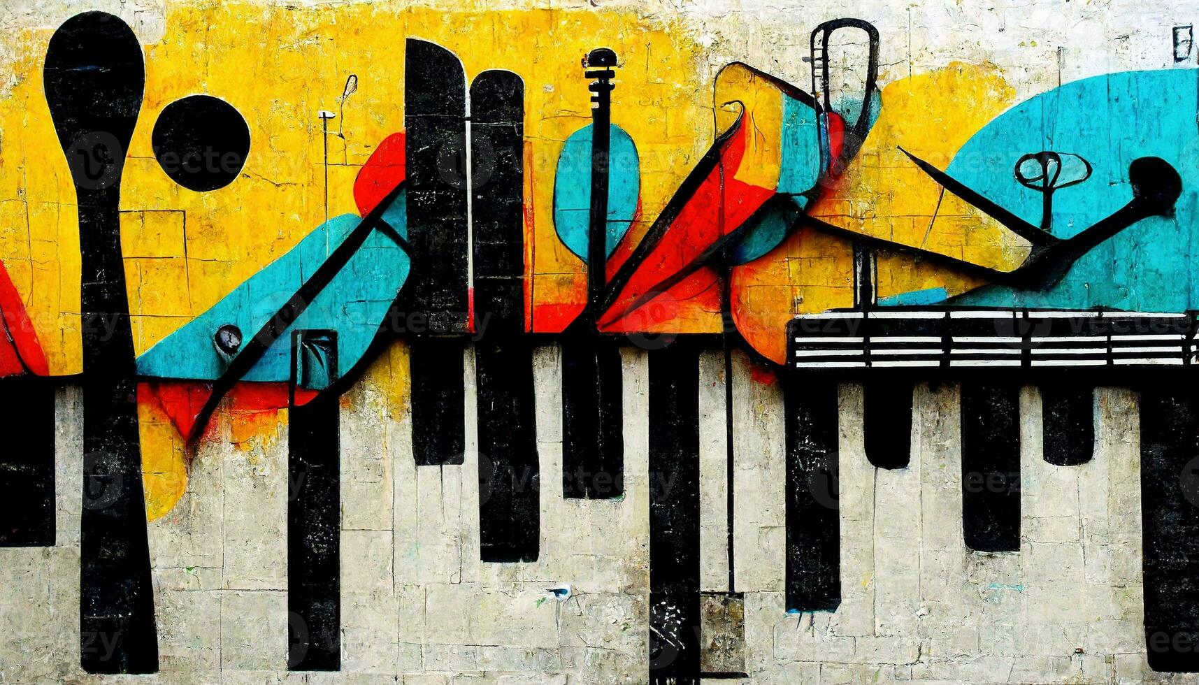 generativo ai, strada arte con chiavi e musicale strumenti sagome. inchiostro colorato graffiti arte su un' strutturato carta Vintage ▾ sfondo, ispirato di Banksy foto