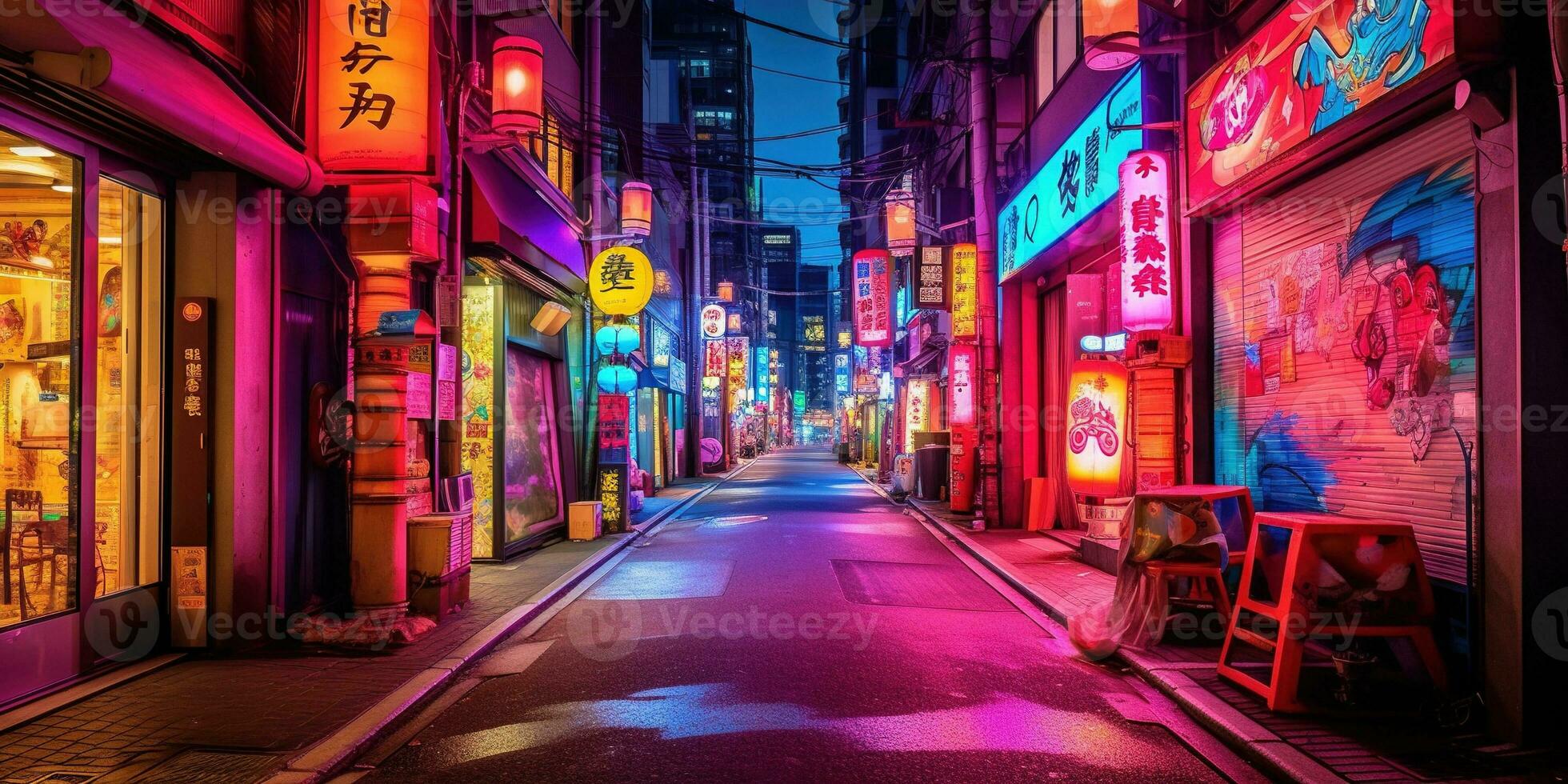 generativo ai, notte scena di grande città nel cyberpunk stile, futuristico nostalgico anni 80, anni 90. neon luci vivace colori, fotorealistico orizzontale illustrazione. foto