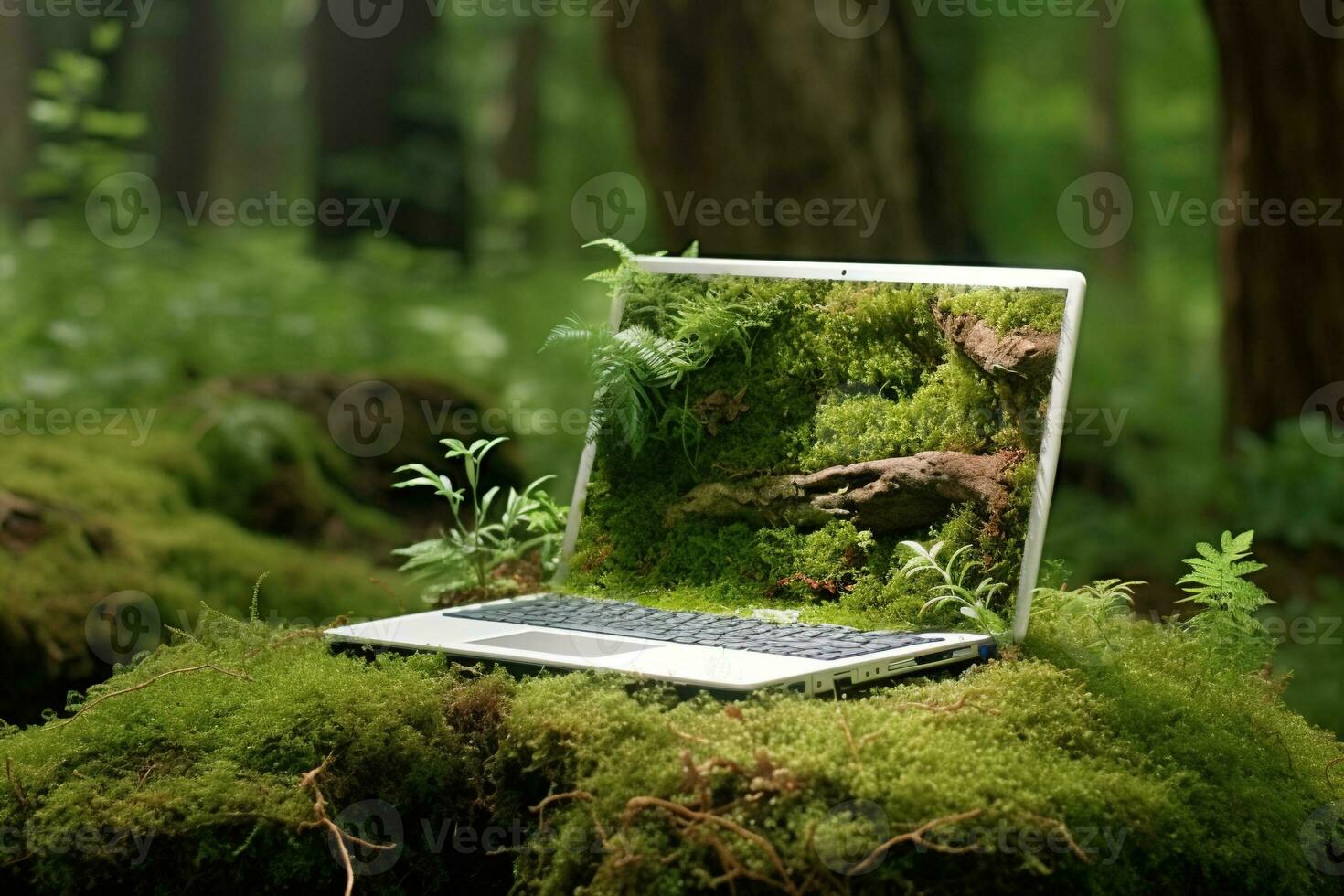 generativo ai, il computer portatile coperto nel muschio e impianti. natura e tecnologia concetto foto