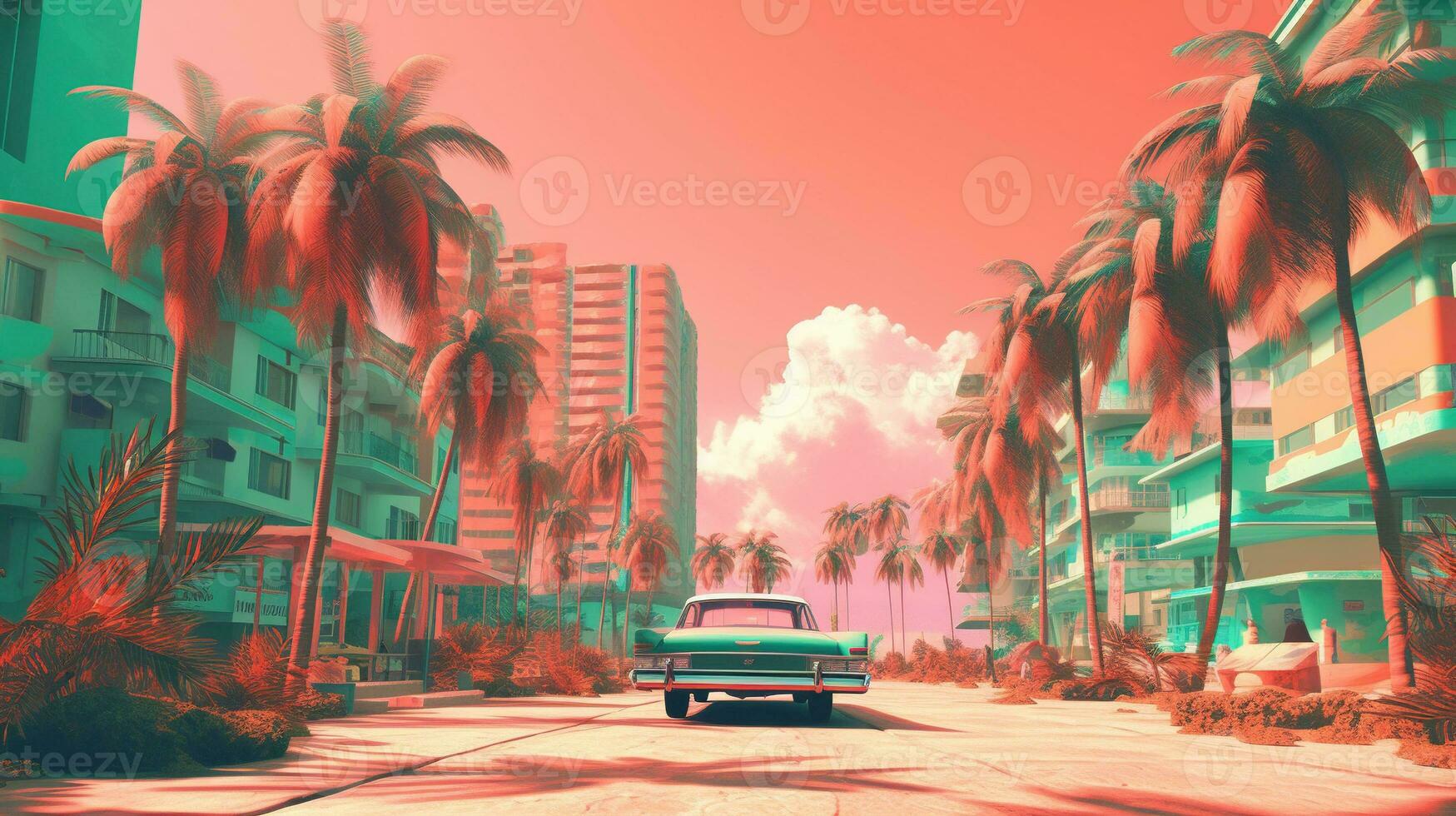 generativo ai, miami estate vibrazioni retrò illustrazione. Vintage ▾ rosa e blu colori, edifici, California palme, anni 80 stile foto