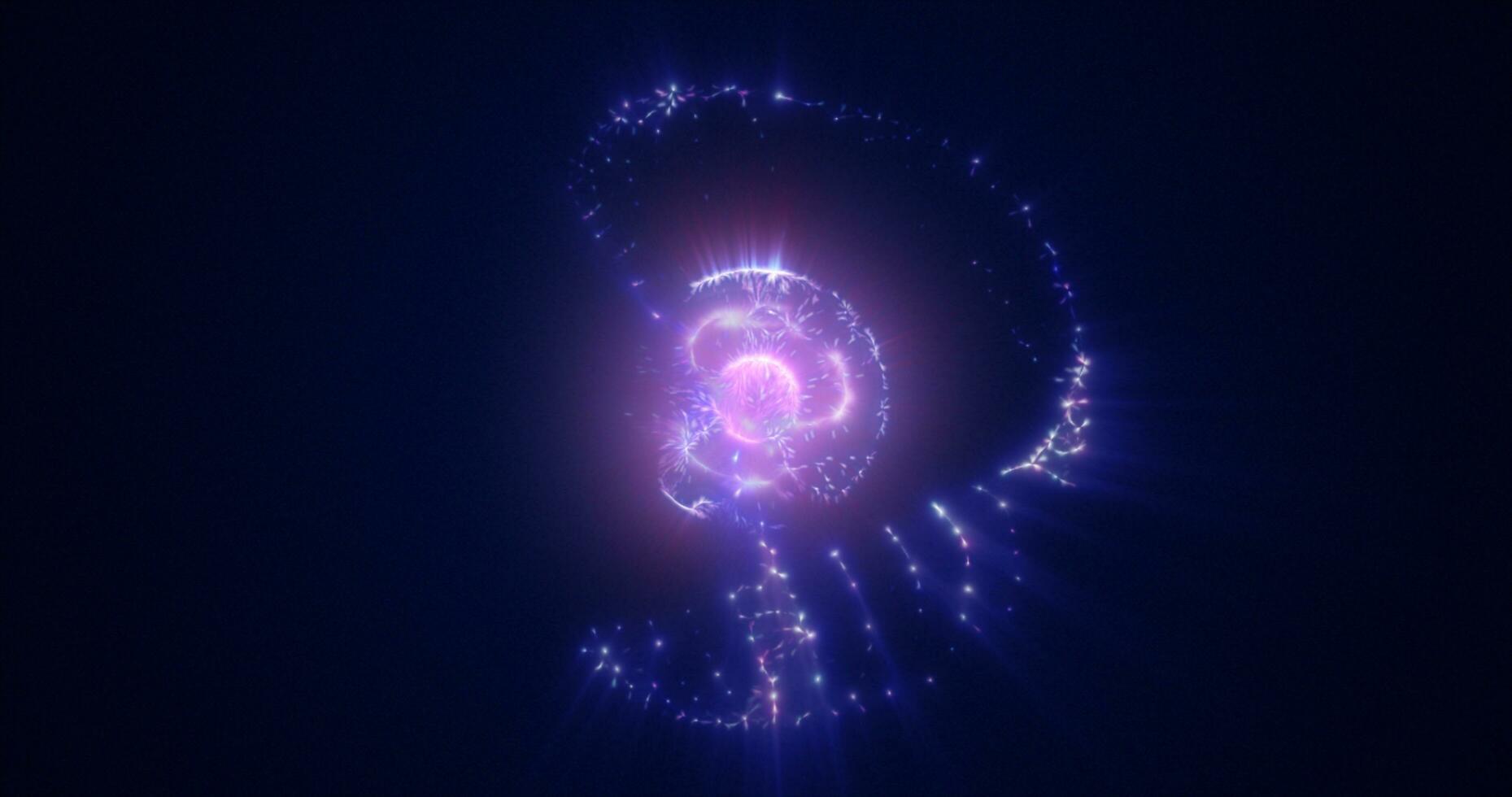 astratto viola energia sfera con volante raggiante luminosa particelle, scienza futuristico atomo con elettroni hi-tech sfondo foto