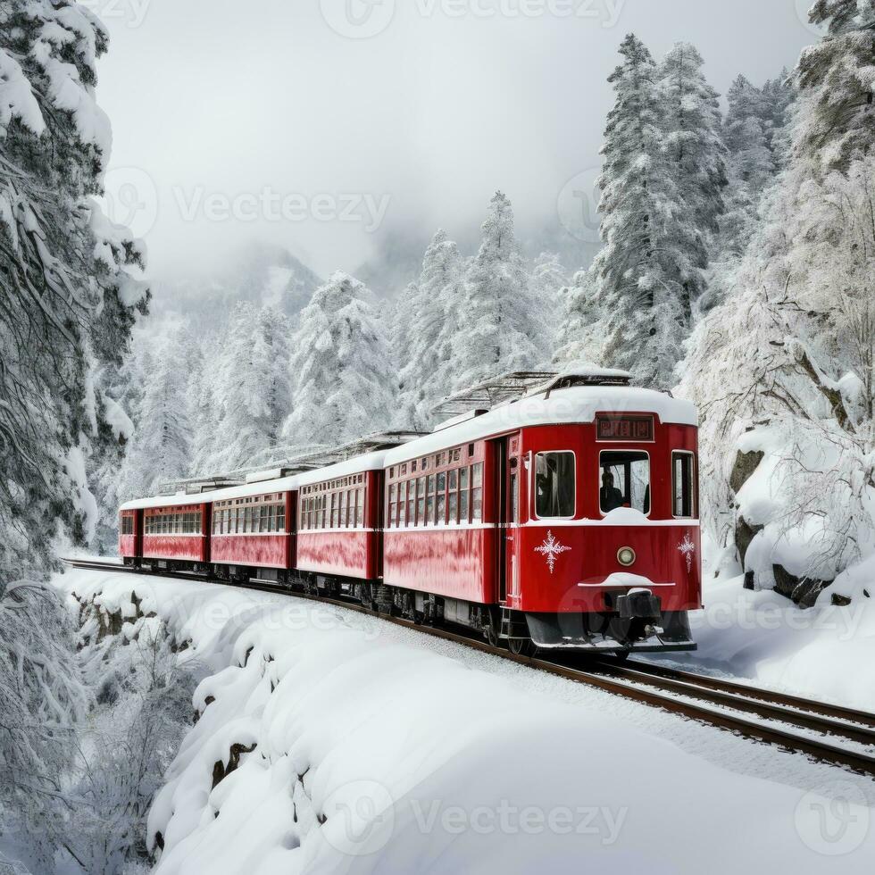 bernina esprimere passa attraverso il nevoso boschi, Svizzera. generativo ai foto