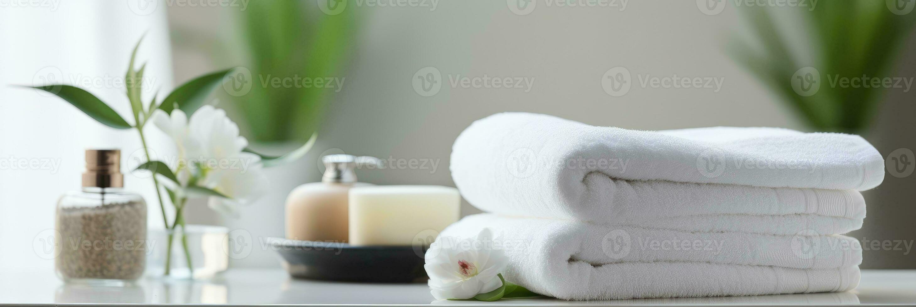 articoli da toeletta, sapone, asciugamano su sfocato bianca bagno terme sfondo. generativo ai foto