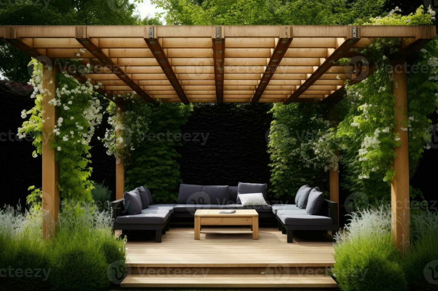 di legno pergola per giardino posti a sedere. generativo ai foto