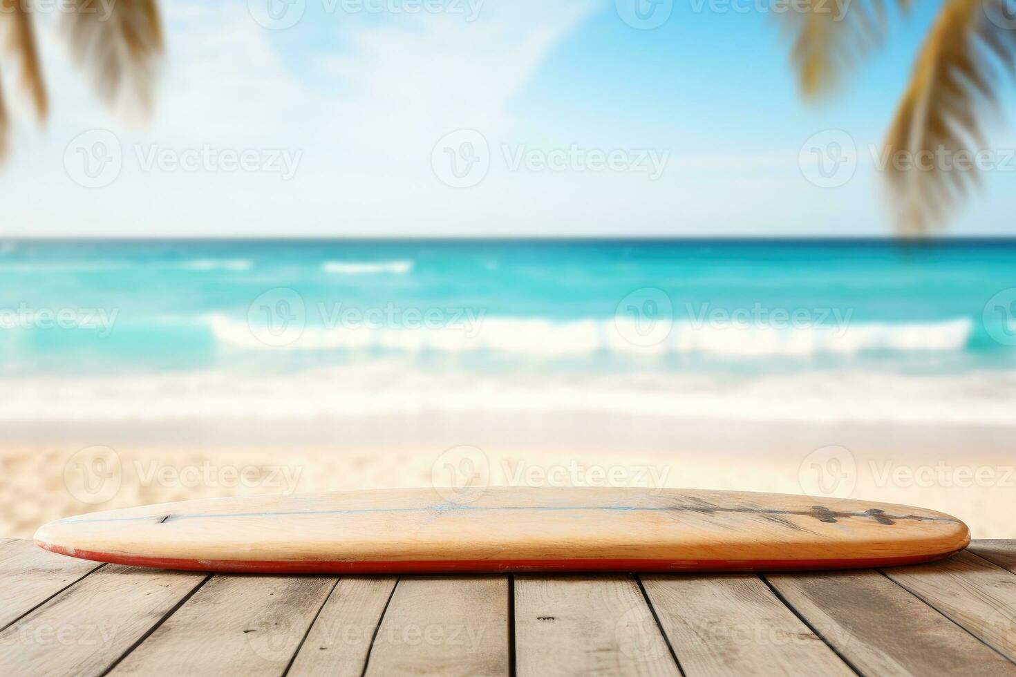 di legno tavolo superiore su sfocato spiaggia sfondo con tavole da surf foto
