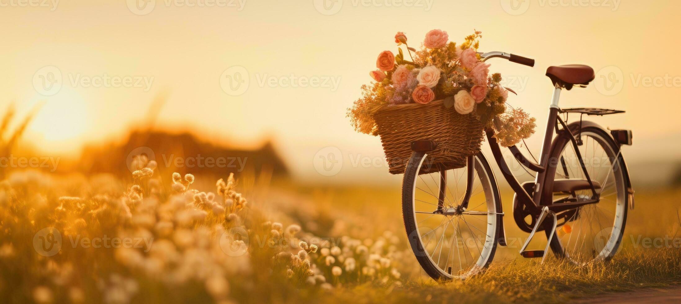 un' Vintage ▾ bicicletta pendente nel erba archiviato nel tramonto, di vimini cestino con fiori su il bicicletta foto