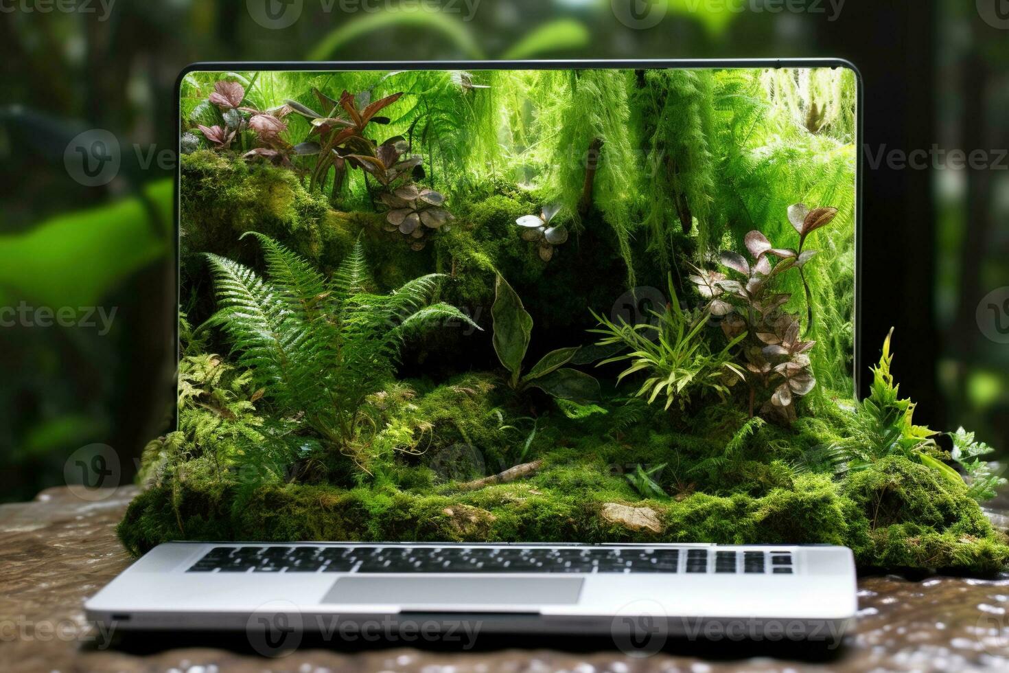 generativo ai, il computer portatile coperto nel muschio e impianti. natura e tecnologia concetto foto