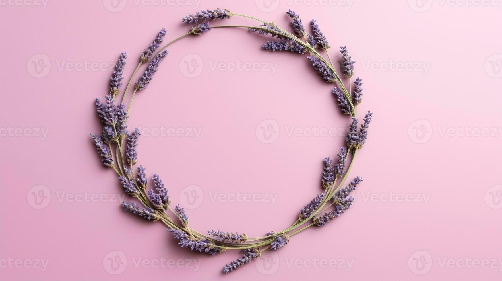 generativo ai, ghirlanda di lavanda rami fiori con copia spazio, naturale biologico floreale telaio viola sfondo foto