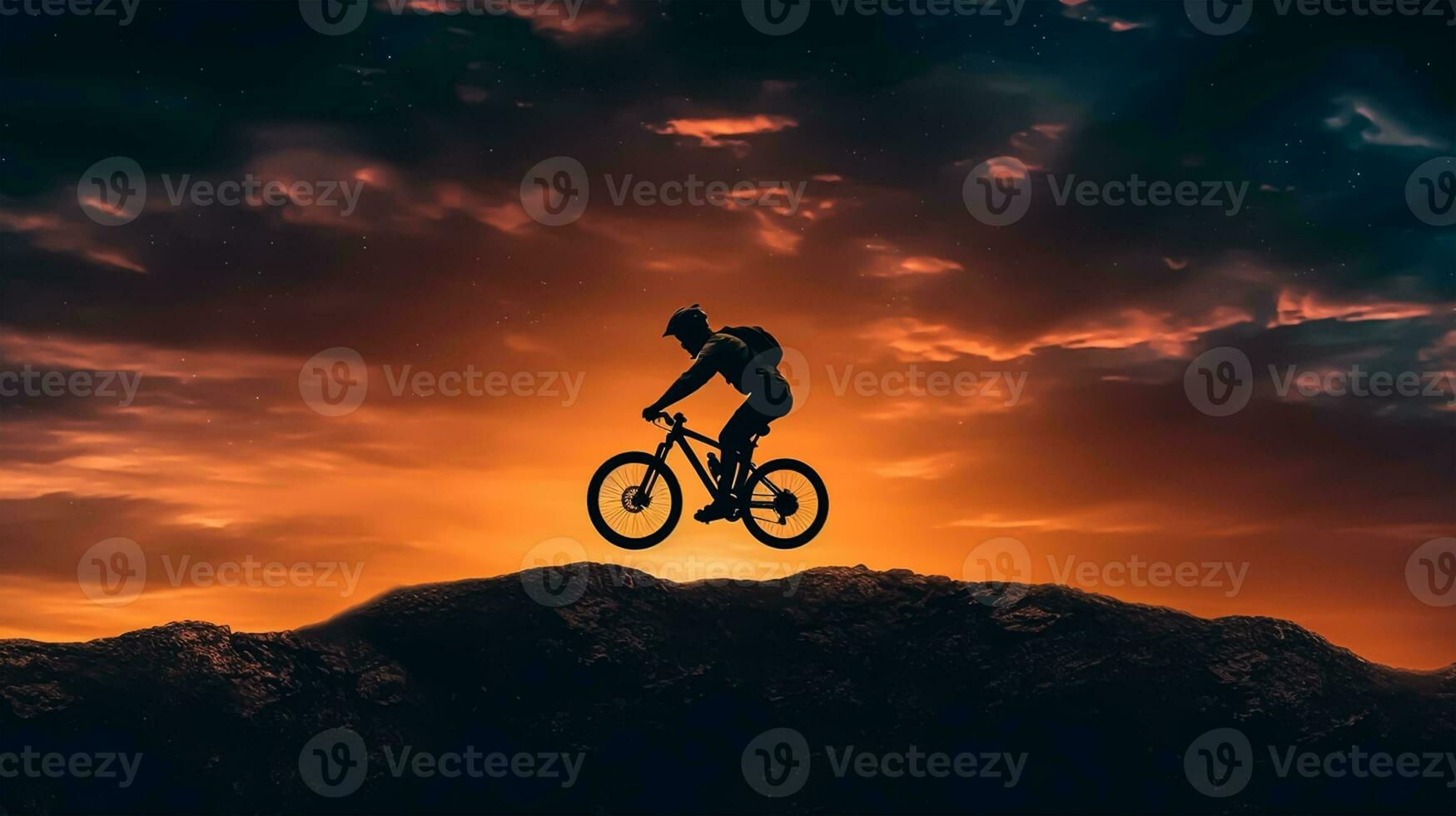 silhouette di un' montagna motociclista su un' tramonto sfondo. foto