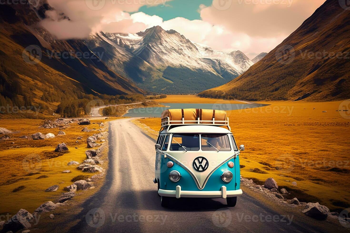 Vintage ▾ camper furgone su strada nel il montagne foto