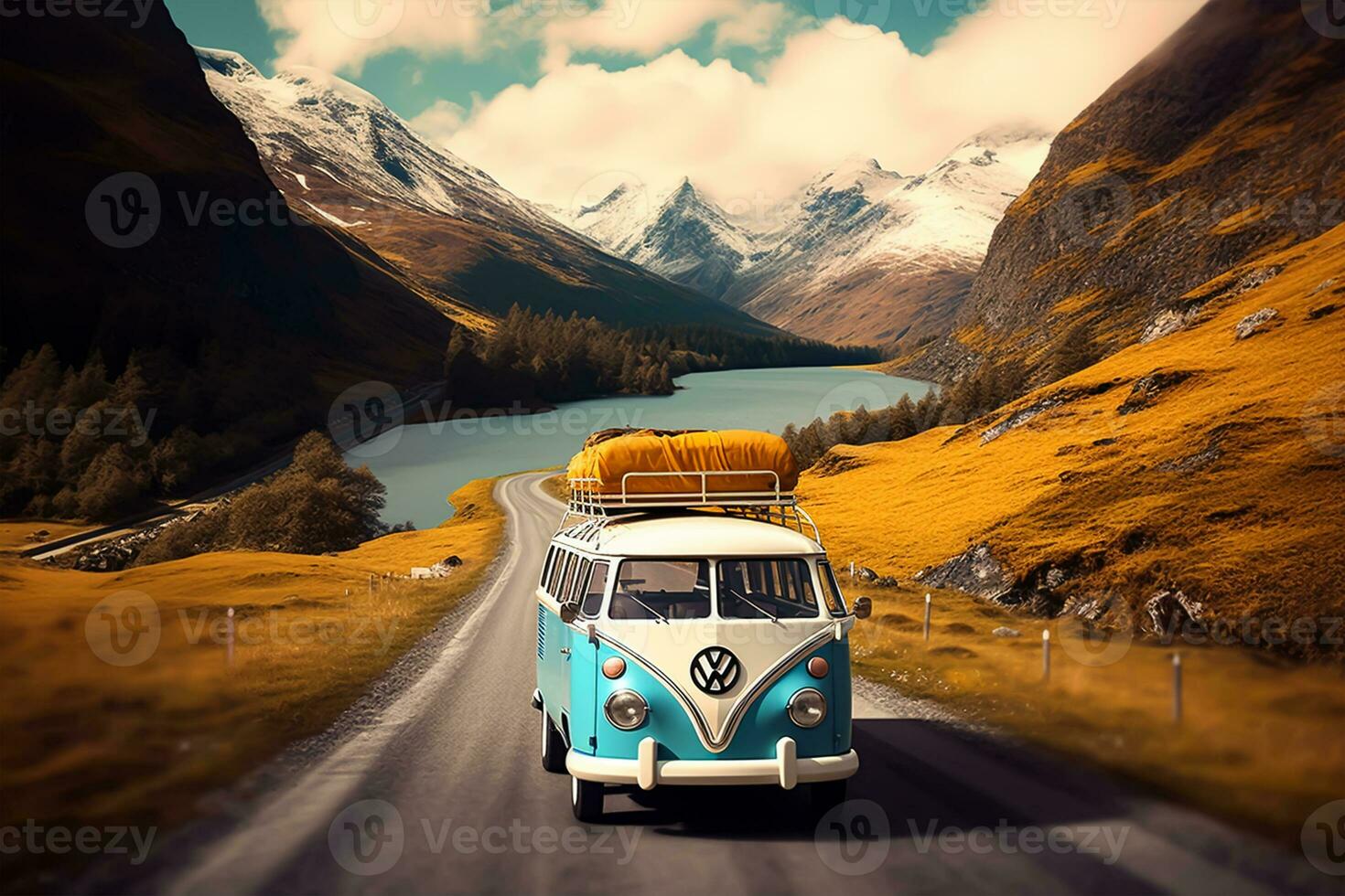 Vintage ▾ camper furgone su strada nel il montagne foto