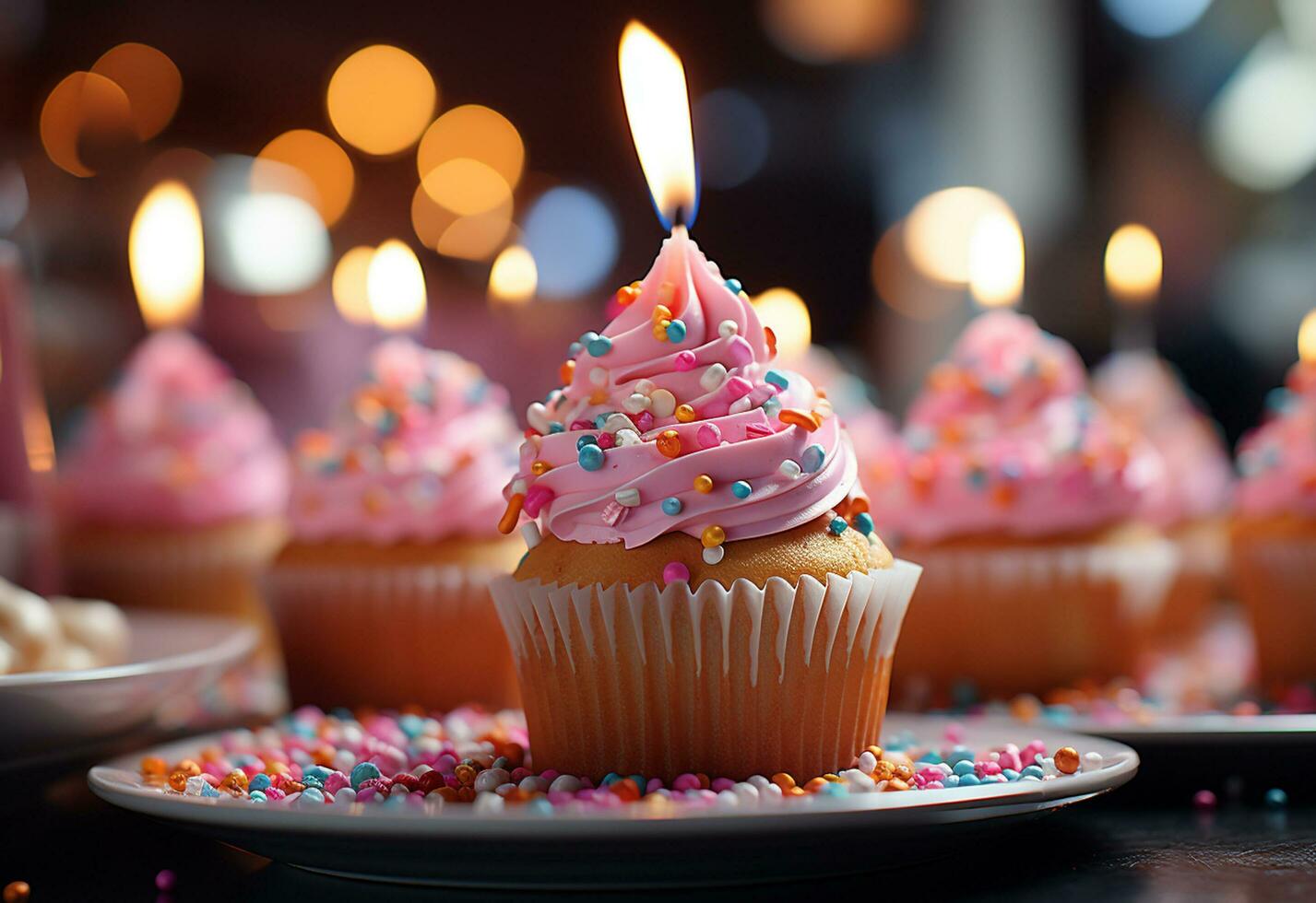 compleanno cupcakes con sfocatura sfondo colorato palloncini realistico Immagine, ultra hd, alto design molto foto