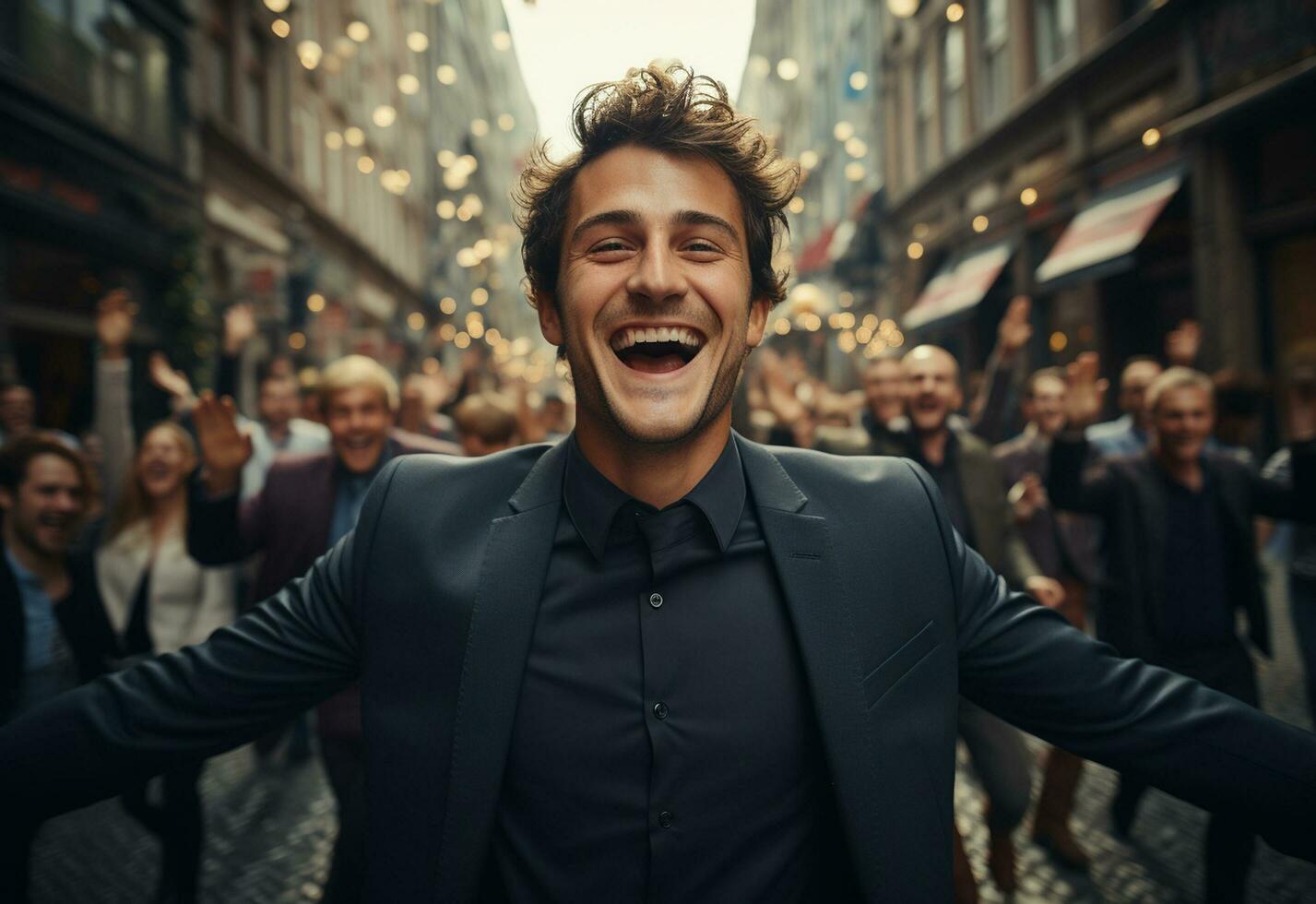 un' successo attività commerciale uomo celebrare il suo Successo su un' affollato strada mattina immagine prese a partire dal fuco realistico Immagine, ultra hd, alto design molto dettagliato foto