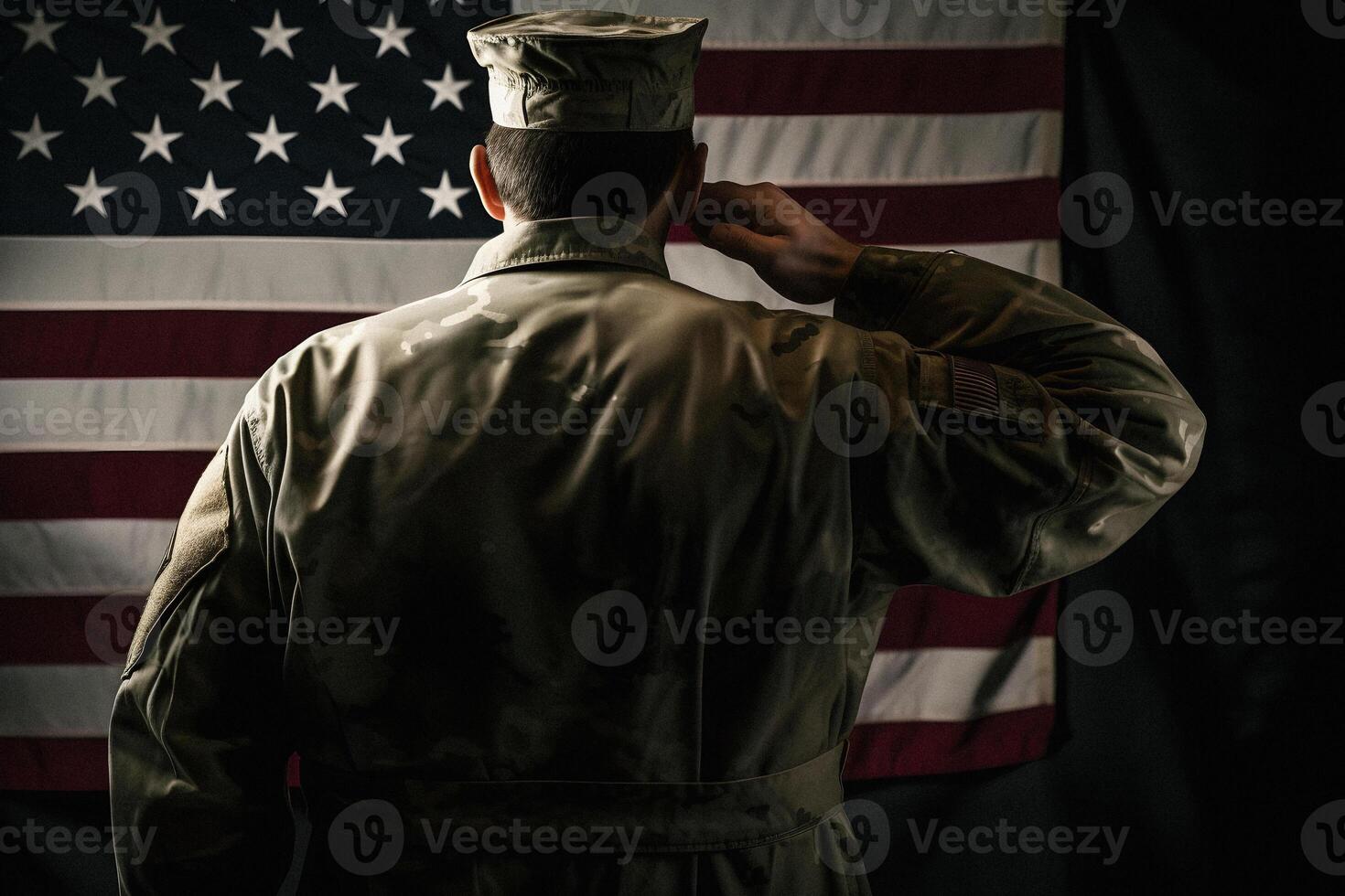 rispetto e onore un' travolgente indietro Visualizza fotografia di militare salutando il Stati Uniti d'America bandiera, un' omaggio per patriottismo e sacrificio generativo ai foto