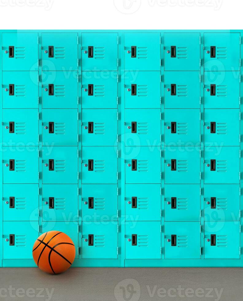 pallacanestro su cemento pavimento con armadietto nel il sfondo foto