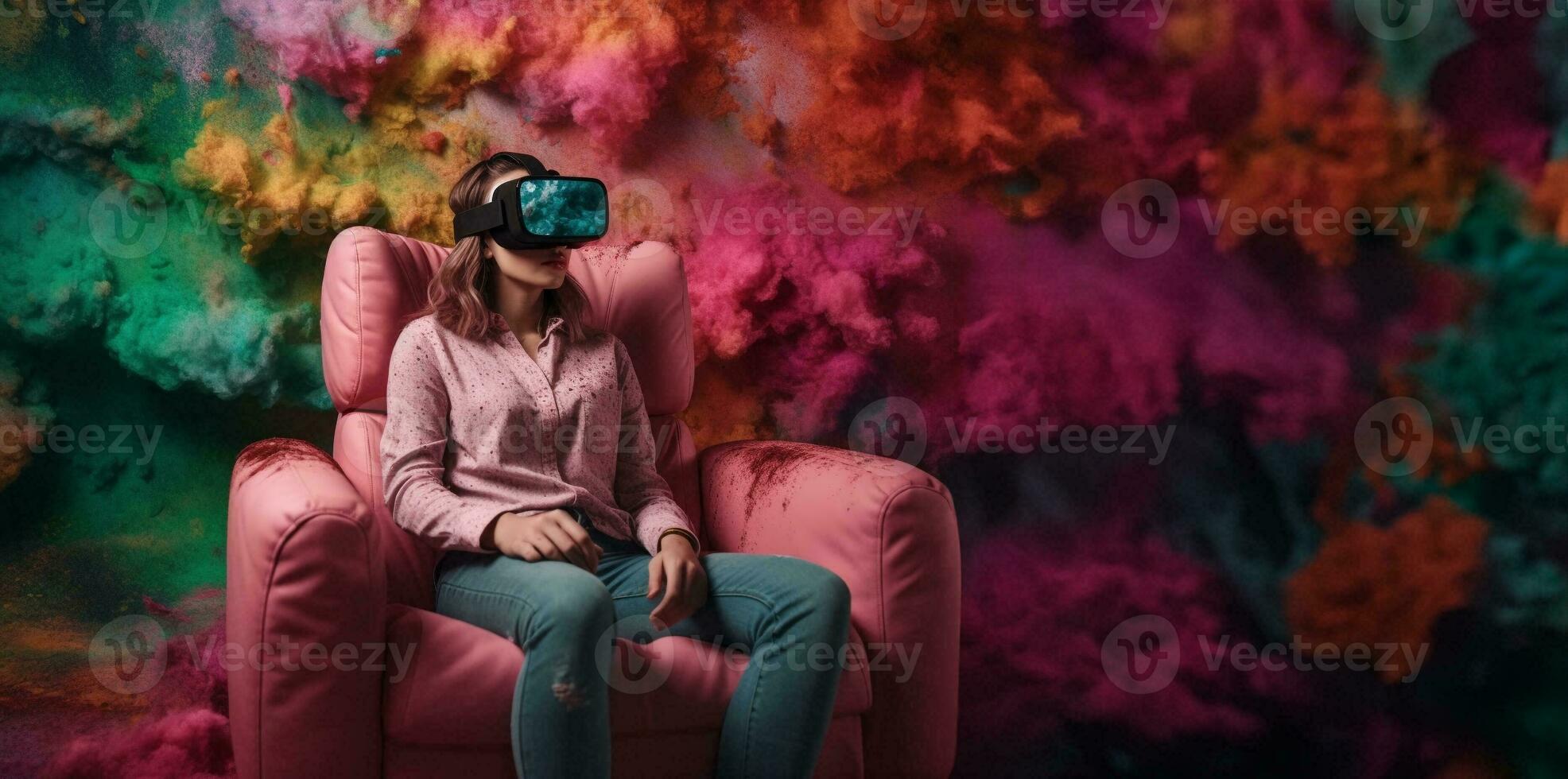 bellissimo contento giovane donna utilizzando virtuale la realtà vr cuffia nel virtuale la realtà occhiali, gioco, futuro tecnologia concetto. ai generativo. foto
