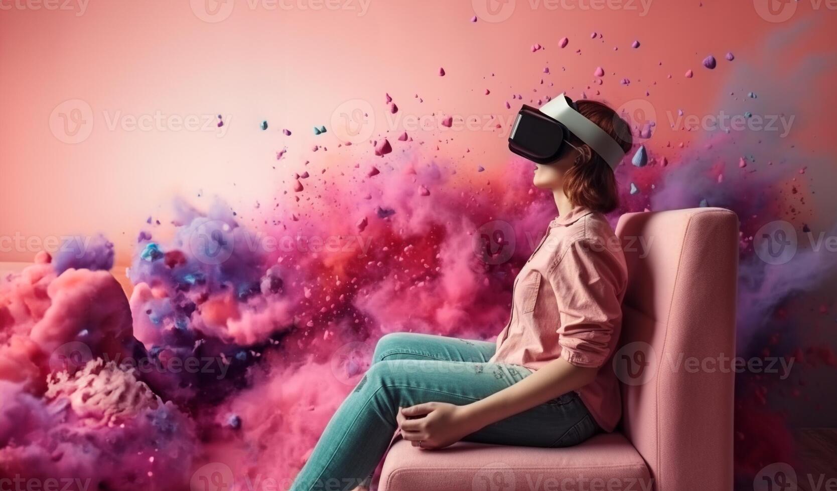 bellissimo contento giovane donna utilizzando virtuale la realtà vr cuffia nel virtuale la realtà occhiali, gioco, futuro tecnologia concetto. ai generativo. foto