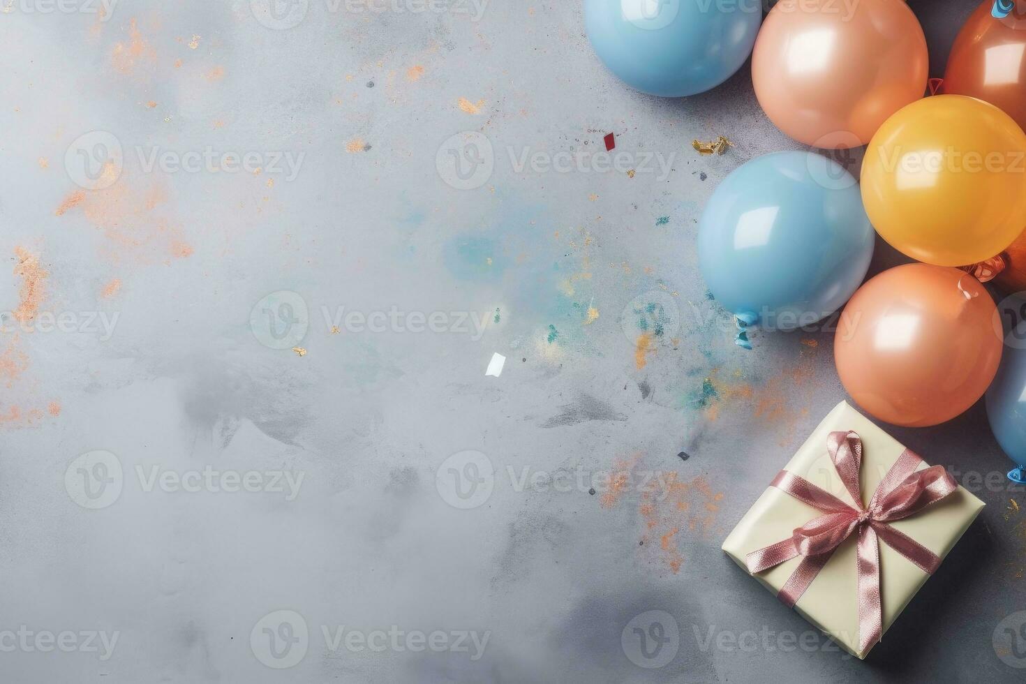 palloncini, coriandoli e un' scatola con un' regalo, su un' grigio sfondo. compleanno concetto. copia spazio. generativo ai foto