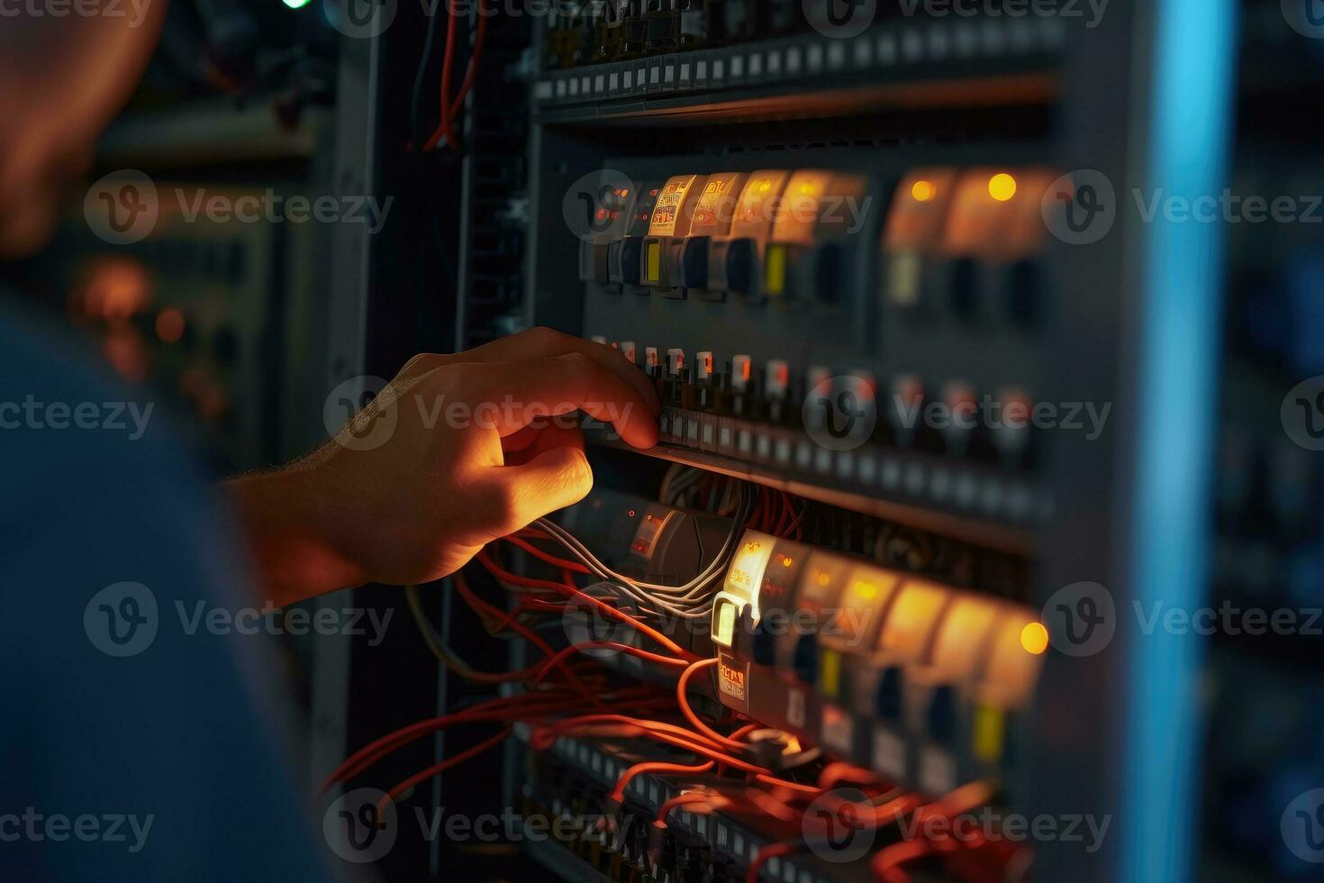 un ingegnere riparazione un' controllo pannello con complesso elettrico cablaggio. generativo ai foto