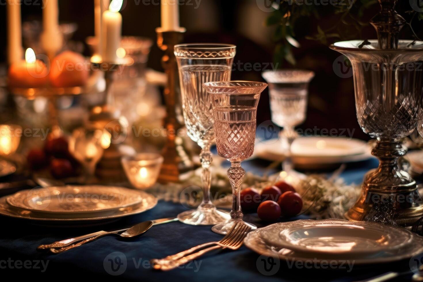 foto di un' bellissimo cena tavolo preparato per nuovo anni vigilia. generativo ai