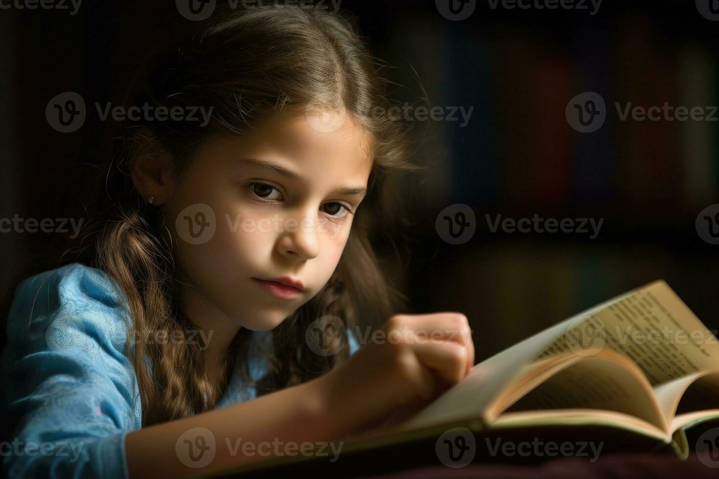 un' vicino - su tiro di un' giovane alunno lettura un' libro nel un' accogliente biblioteca angolo. generativo ai foto