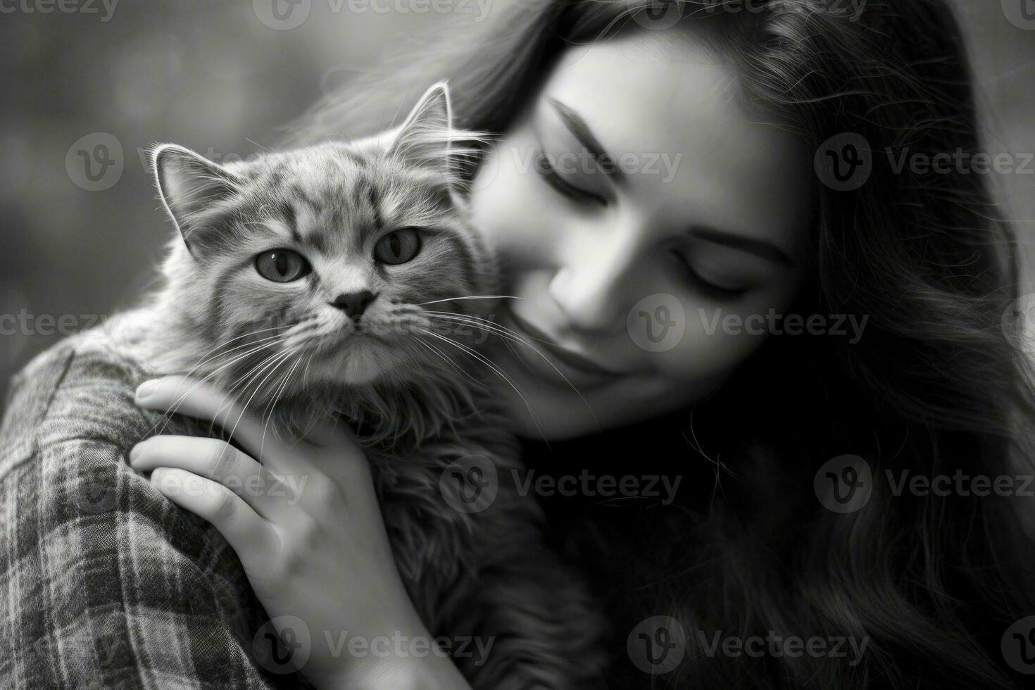 un' foto di un' donna teneramente baci e abbracciare sua gatto. generativo ai