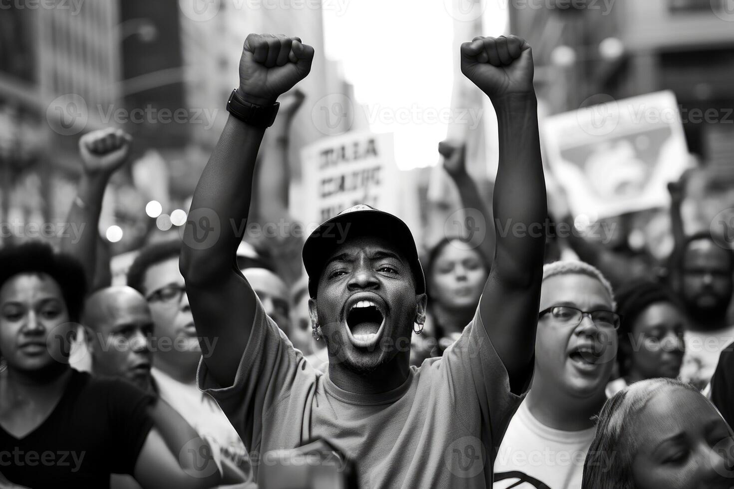 un' potente tiro di un' protesta marzo per un' sociale causa. generativo ai foto