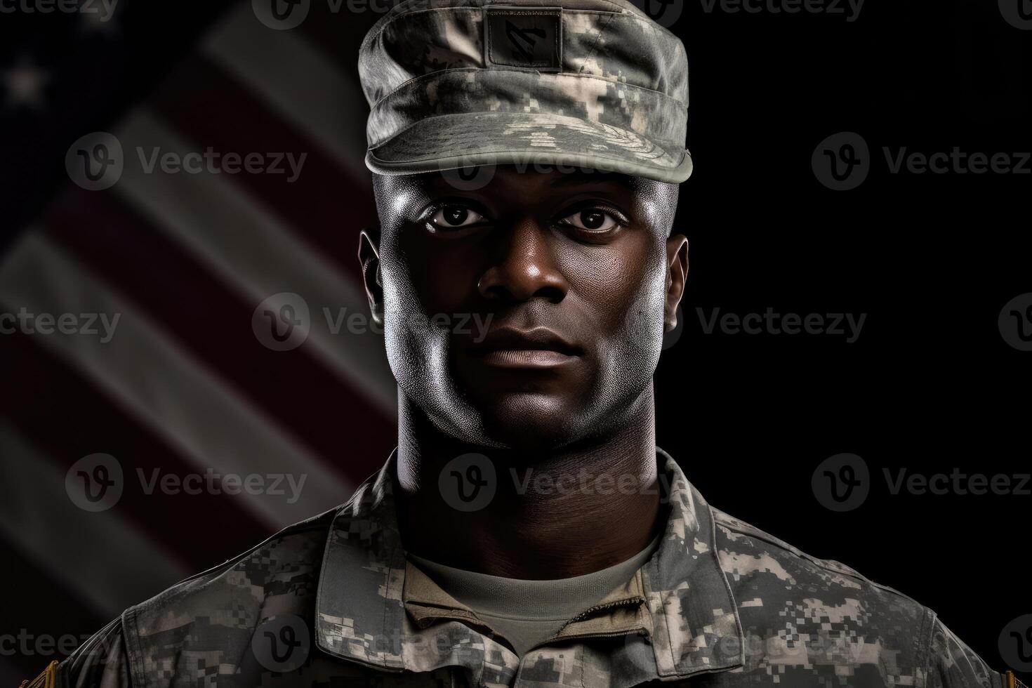 americano soldato nel uniforme in piedi alto e salutando, con il americano bandiera nel il sfondo. generativo ai foto