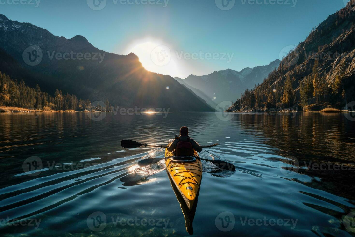 un' foto di un' kayaker paddling attraverso un' sereno montagna lago. generativo ai