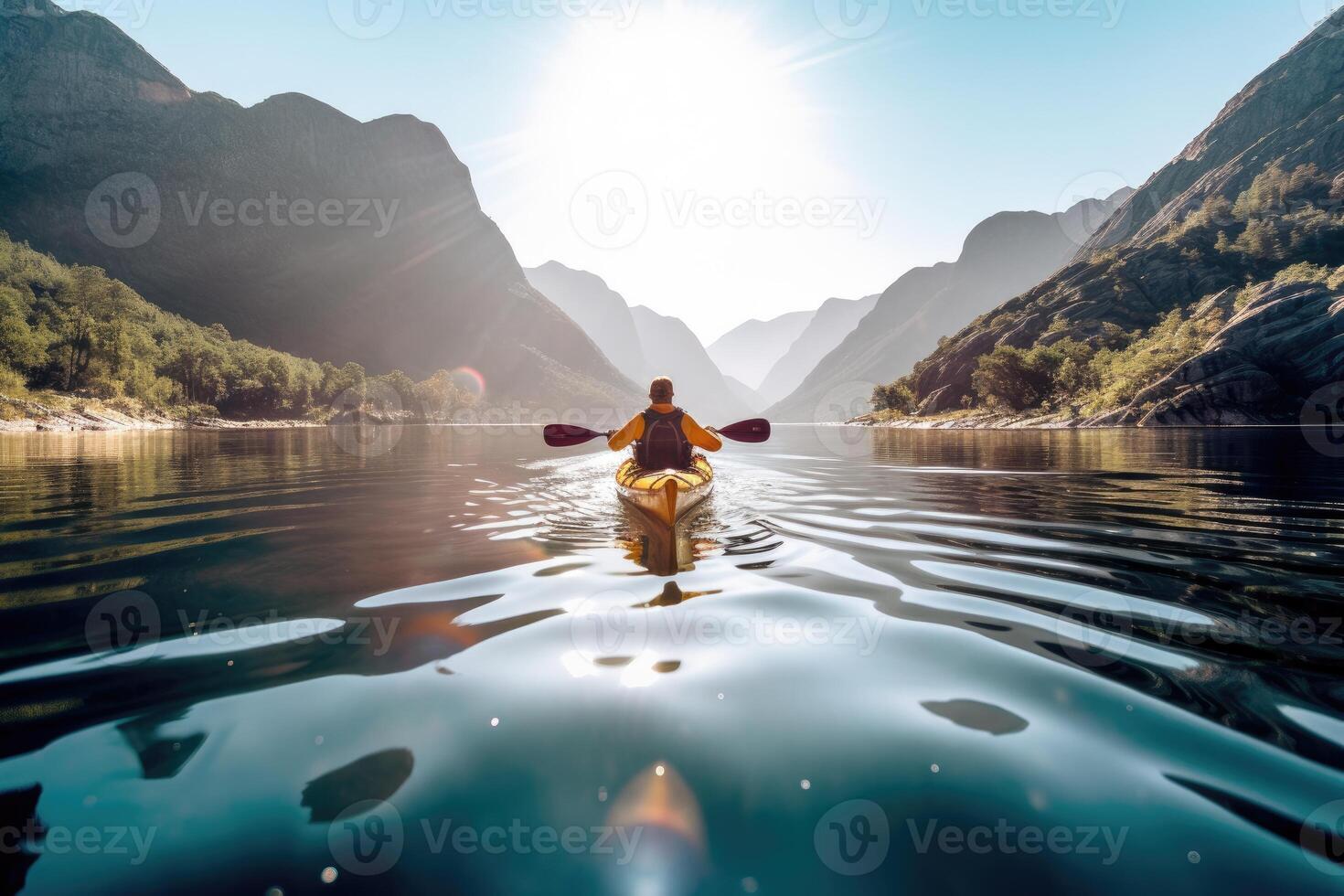 un' foto di un' kayaker paddling attraverso un' sereno montagna lago. generativo ai