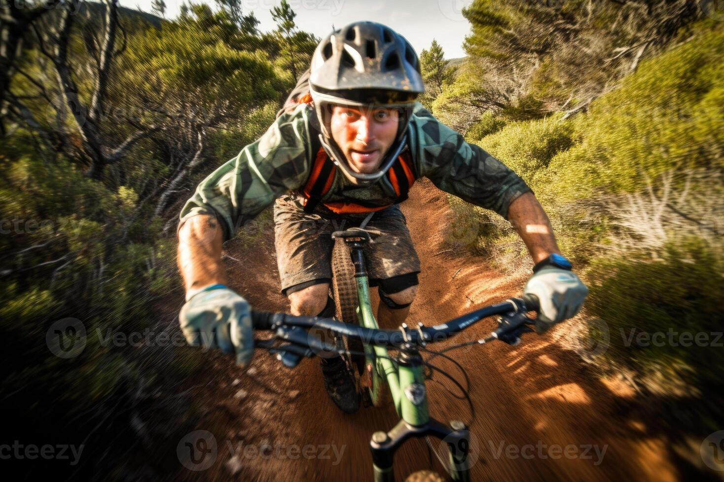 un azione tiro di un' montagna motociclista eccesso di velocità discesa su un' aspro sentiero. generativo ai foto