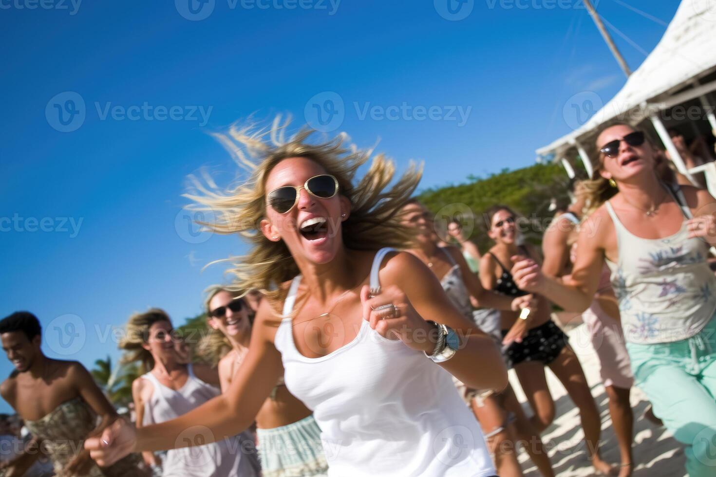 spiaggia club festa, con persone danza e godendo il musica sotto il caldo sole. generativo ai foto