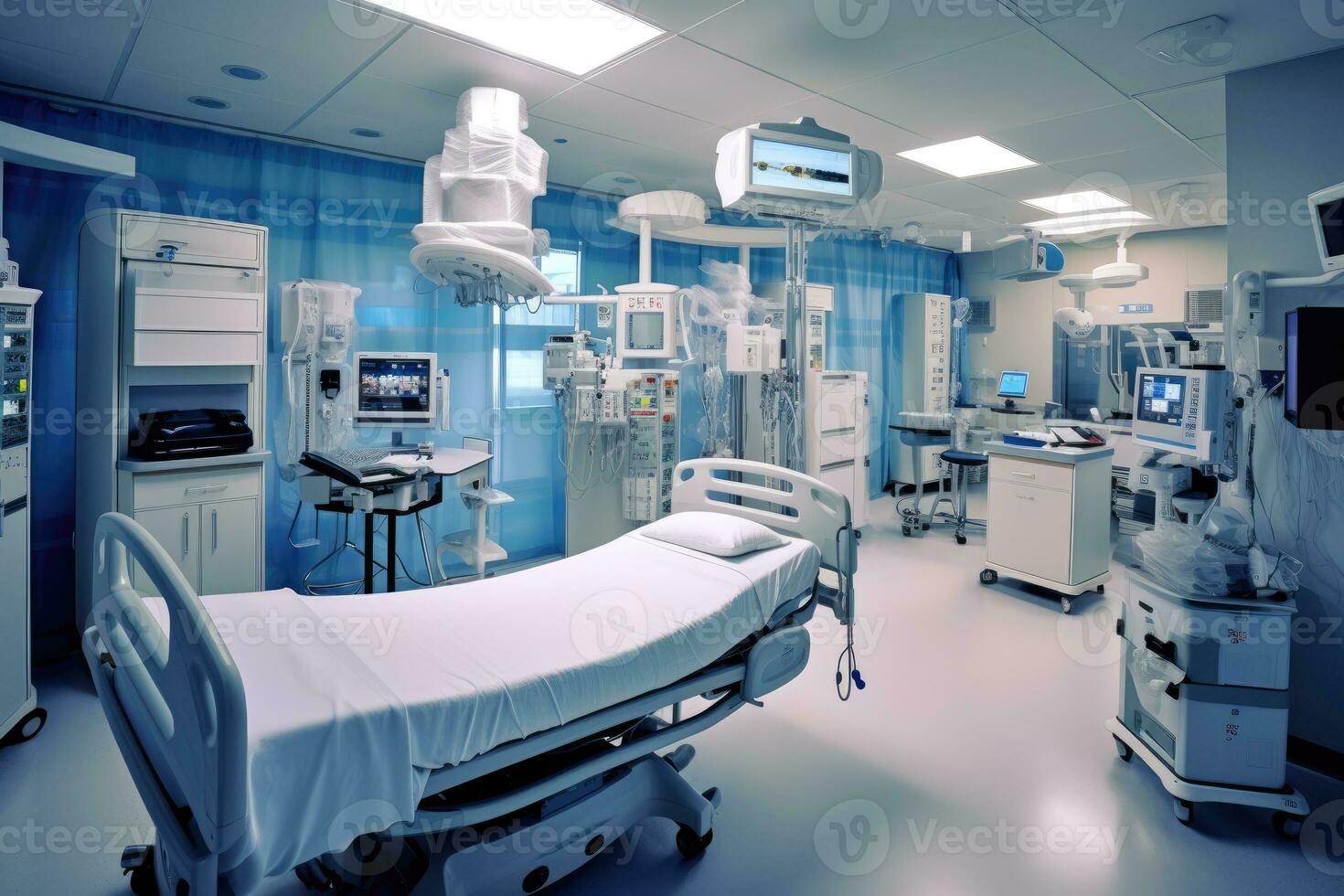 un' largo - angolo tiro di un' ospedale camera interno, messa a fuoco su il moderno medico attrezzatura e tecnologia. generativo ai foto