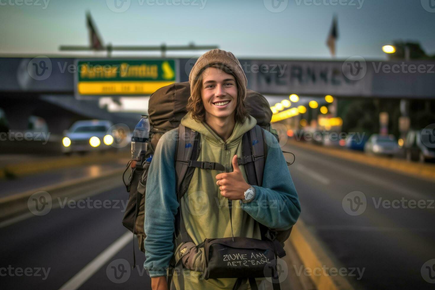 un' foto di un' zaino in spalla Tenere un' cartello con il nome di loro desiderato destinazione, in piedi a un' occupato autostrada giunzione. generativo ai