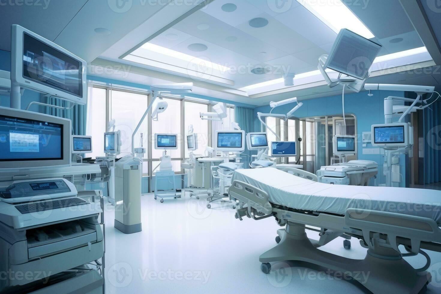 un' largo - angolo tiro di un' ospedale camera interno, messa a fuoco su il moderno medico attrezzatura e tecnologia. generativo ai foto