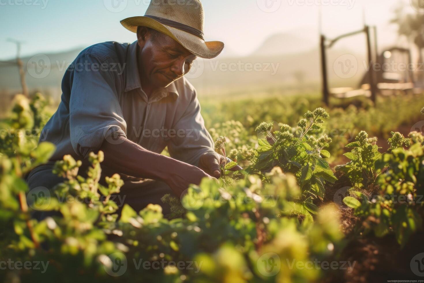 foto di un' laborioso azienda agricola lavoratore nel un' illuminata dal sole campo, tendente per il raccolti. generativo ai