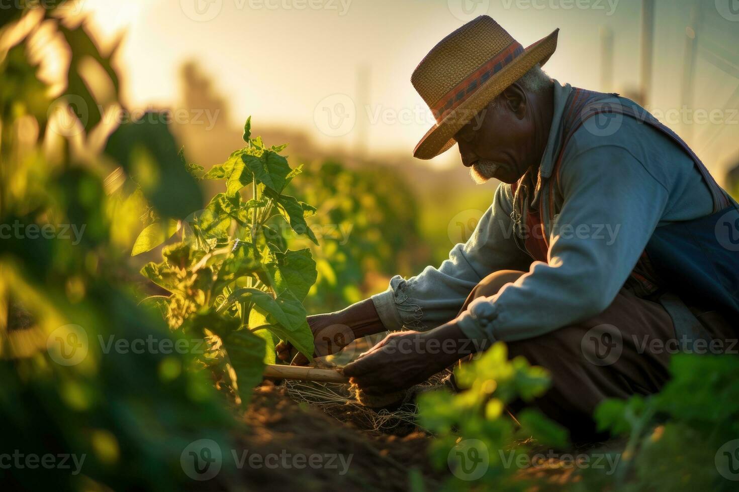 foto di un' laborioso azienda agricola lavoratore nel un' illuminata dal sole campo, tendente per il raccolti. generativo ai