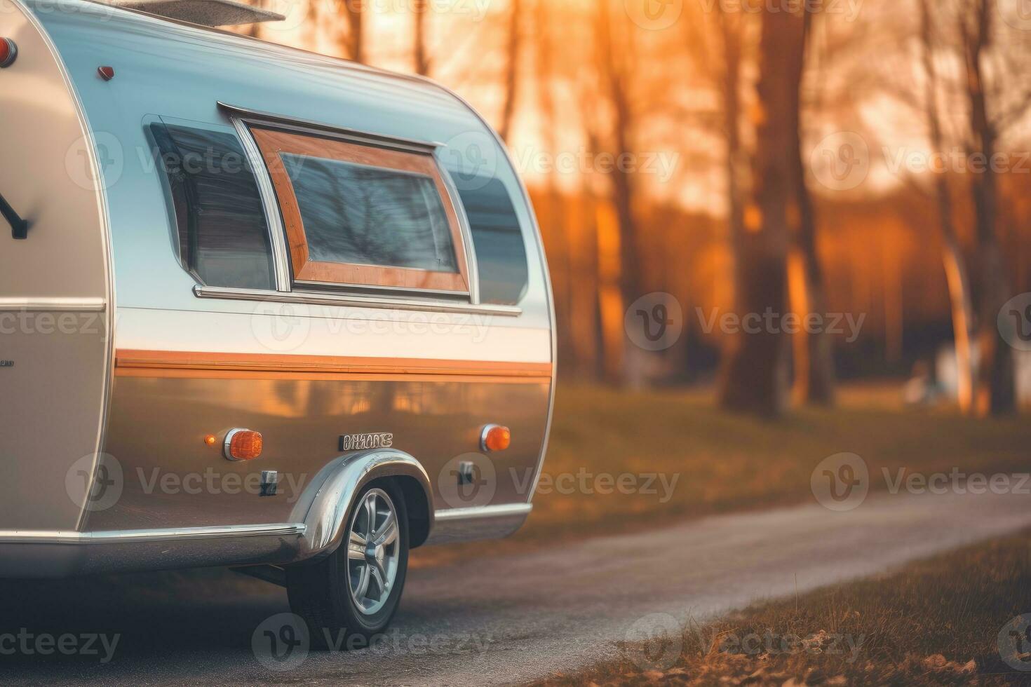 un' vicino - su tiro di un' moderno caravan parcheggiato, in mostra il la libertà e avventura di viaggio. generativo ai foto