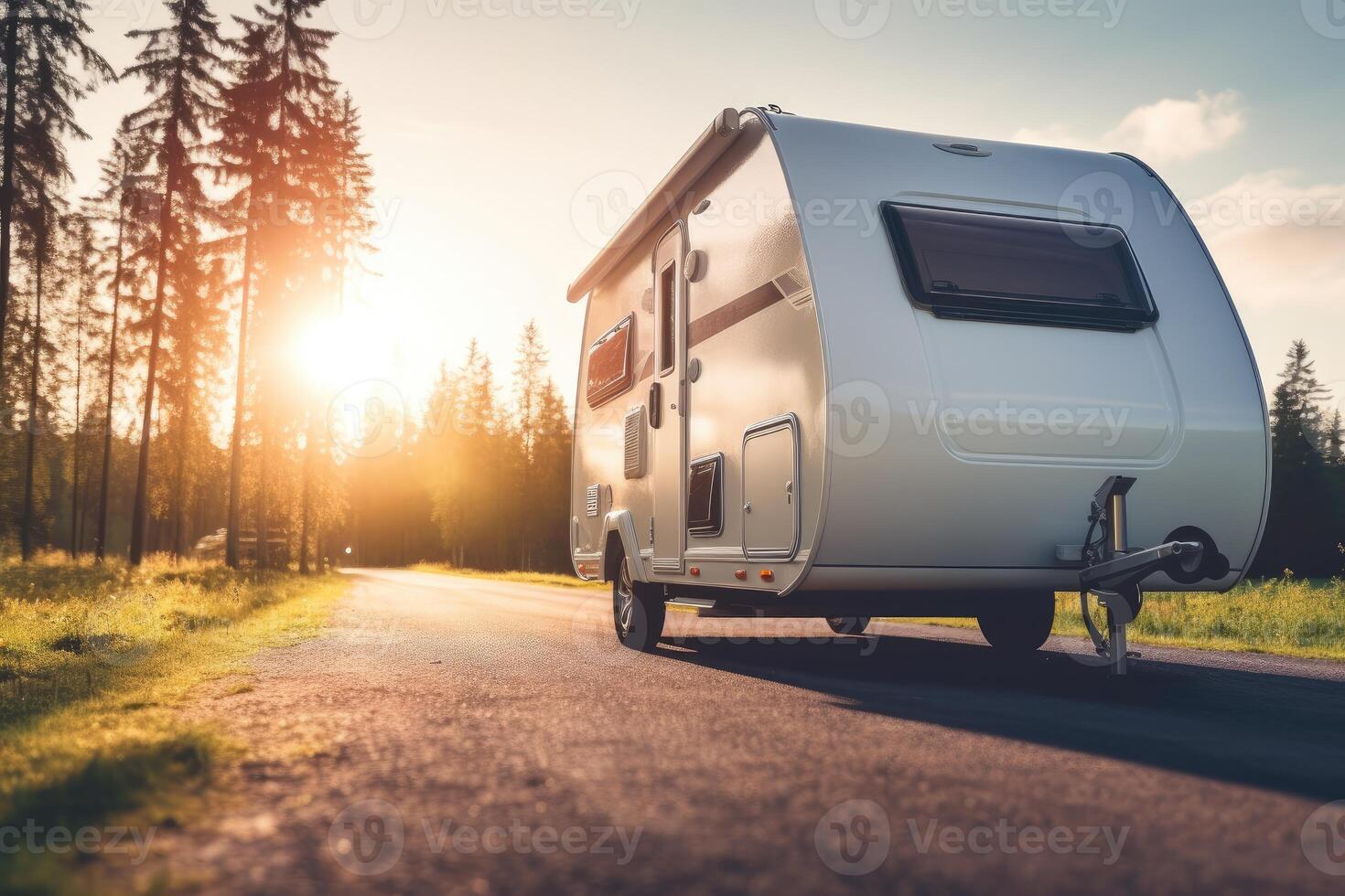 un' vicino - su tiro di un' moderno caravan parcheggiato, in mostra il la libertà e avventura di viaggio. generativo ai foto