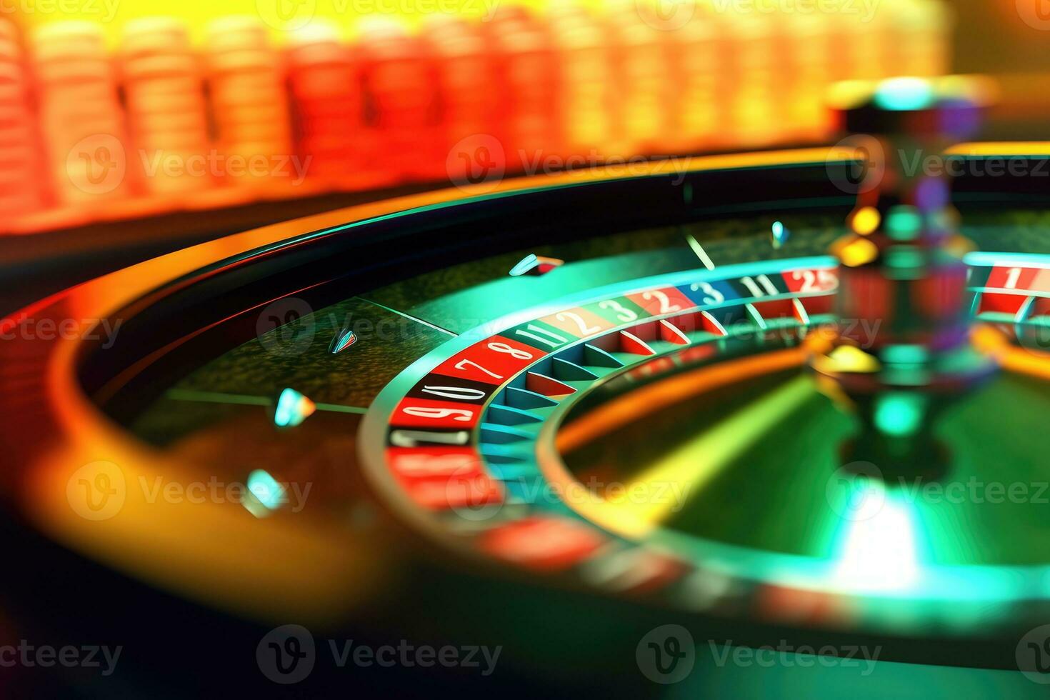 un' vicino - su tiro di un' roulette tavolo nel un' casinò, evidenziazione il Filatura ruota e colorato scommesse patatine fritte. generativo ai foto