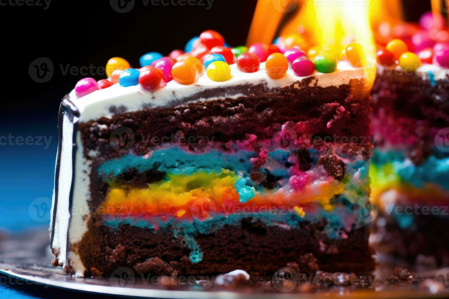 un' vivace e colorato estremo vicino - su di un' fetta di compleanno torta. generativo ai foto