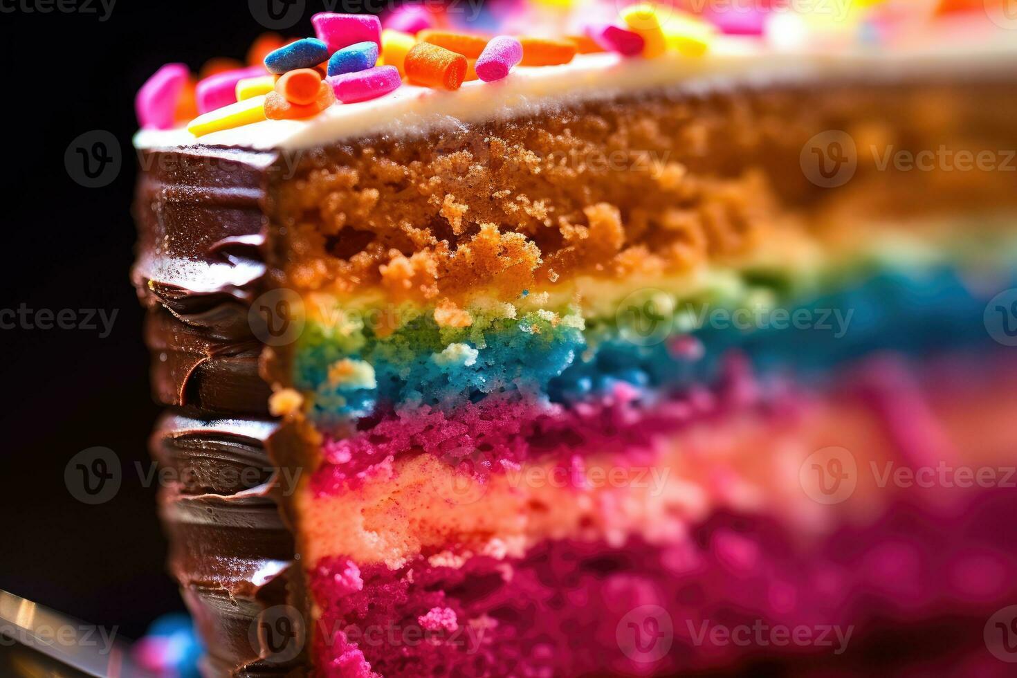 un' vivace e colorato estremo vicino - su di un' fetta di compleanno torta. generativo ai foto